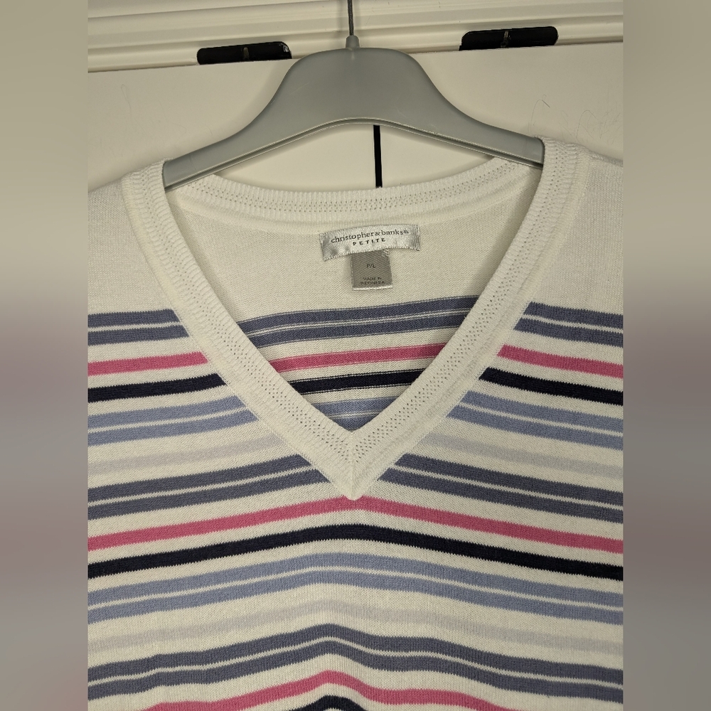 Christopher & Banks Petite Large Womens V Neck Lightweight Striped Sweater Top - Picture 3 of 11